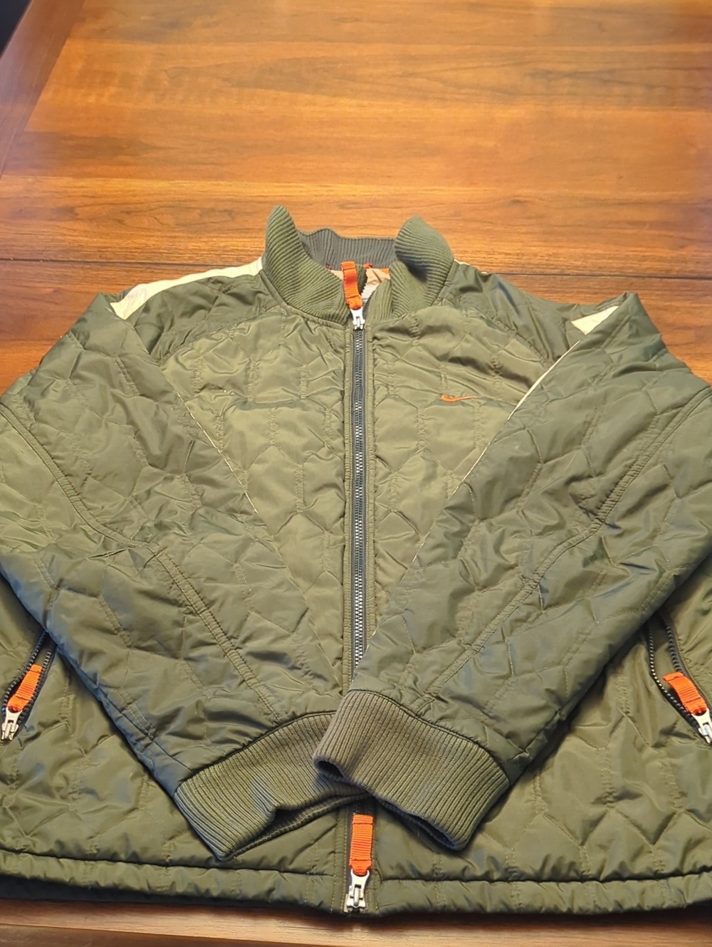 Nike Olive Green Quilted Bomber Jacket with Orange Accents